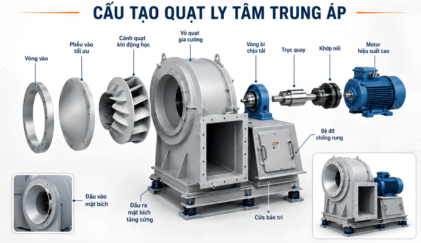 Sơ đồ chi tiết các bộ phận cấu thành một hệ thống quạt ly tâm trung áp hoàn chỉnh. 