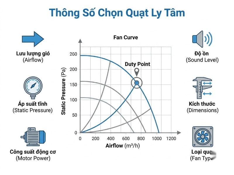 Cách chọn đúng dòng quạt ly tâm Kruger cho từng hệ thống 2026 4 Biểu đồ đường đặc tính quạt ly tâm Kruger minh họa mối liên hệ giữa lưu lượng, cột áp và điểm Duty Point.