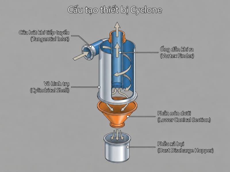 Nguyên lý hoạt động của Cyclone và cơ chế tách bụi ly tâm 4 Bóc tách cấu tạo Cyclone gồm cửa vào tiếp tuyến, thân trụ, phần côn và ống vortex finder.