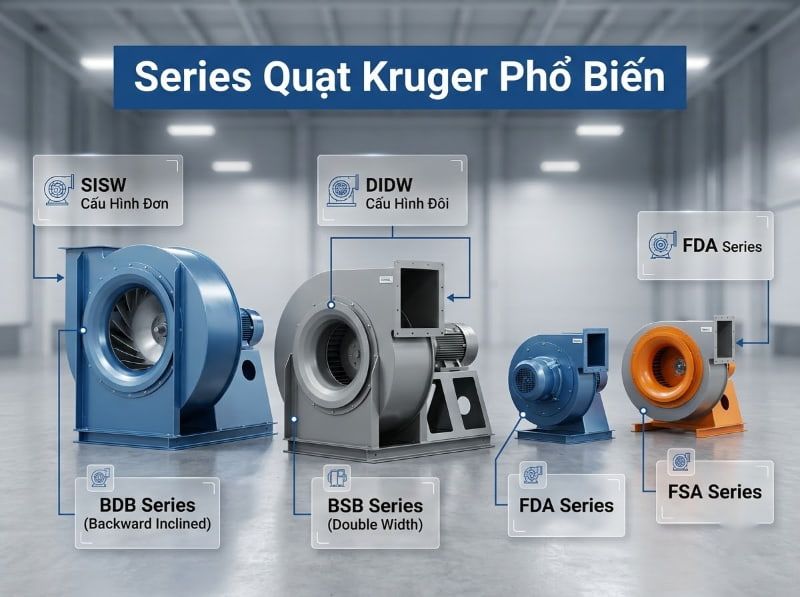 Cách chọn đúng dòng quạt ly tâm Kruger cho từng hệ thống 2026 3 Các dòng series quạt ly tâm Kruger phổ biến với thiết kế 1 cửa hút (SISW) và 2 cửa hút (DIDW).