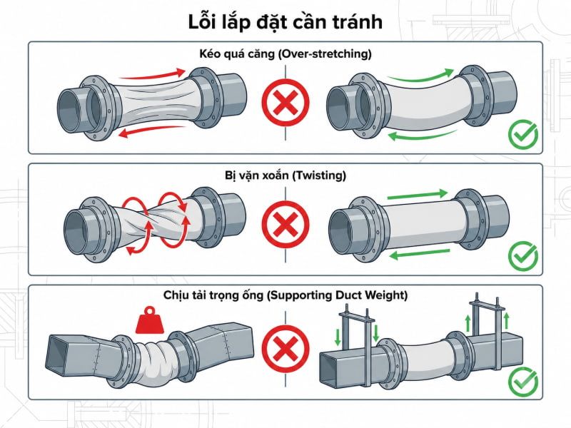 Các lỗi lắp đặt sai kỹ thuật thường gặp khiến cổ bạt nhanh rách và làm giảm hiệu quả giảm chấn.