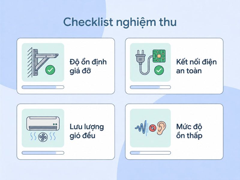 Cách lắp đặt quạt cắt gió đúng kỹ thuật qua 7 bước đơn giản 6 Các tiêu chí nghiệm thu gồm độ chắc của giá treo, an toàn điện và độ phủ luồng gió.