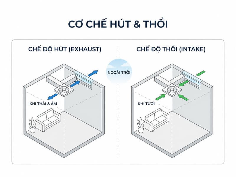 Cách chọn đúng quạt thông gió 2 chiều cho từng không gian 1 Cơ chế 2 chiều cho phép luân chuyển linh hoạt giữa hút sạch khí tù và thổi khí tươi vào phòng.