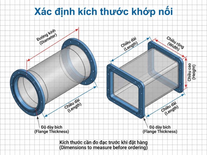 Hướng dẫn đo đạc chính xác kích thước đầu nối tròn và vuông trước khi đặt gia công khớp nối mềm.