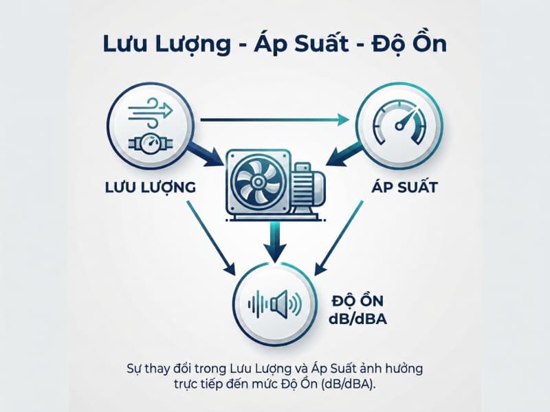 Cách chọn quạt hút công nghiệp không ồn chạy êm, khỏe 2 Lưu lượng, áp suất và độ ồn dB(A) cần được tính toán đồng thời khi chọn quạt hút công nghiệp.
