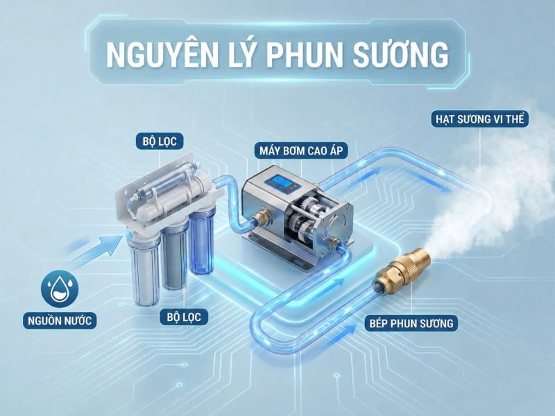 Nguyên lý hoạt động của máy phun sương hệ bơm - béc qua chuỗi biến đổi nước thành sương mịn.