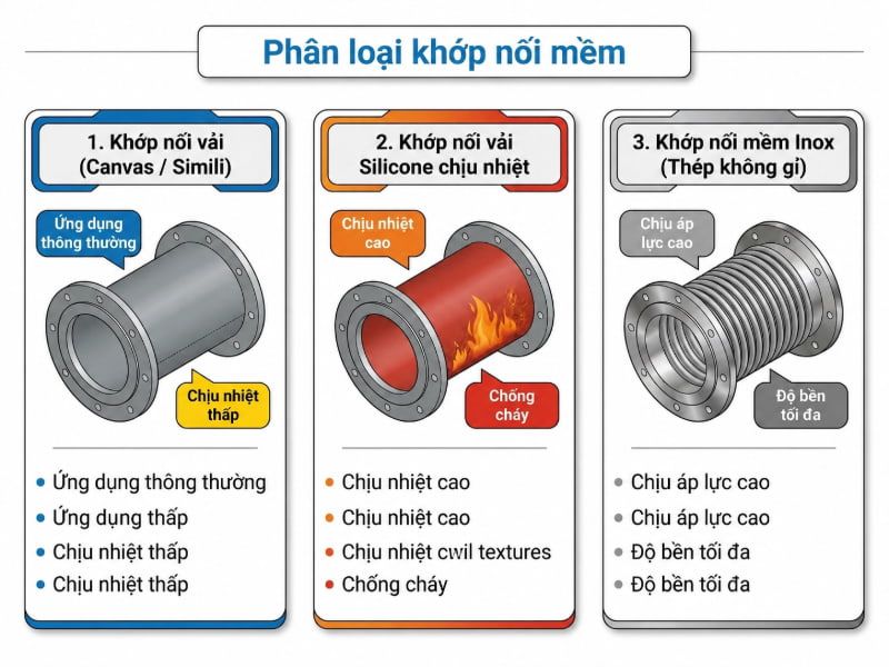 Phân loại các dòng khớp nối mềm theo vật liệu, giới hạn chịu nhiệt và môi trường vận hành.