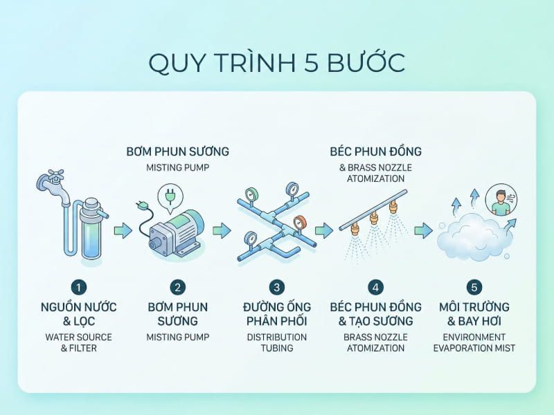 Quy trình 5 bước giải thích nguyên lý hoạt động của máy phun sương dạng bơm - béc.