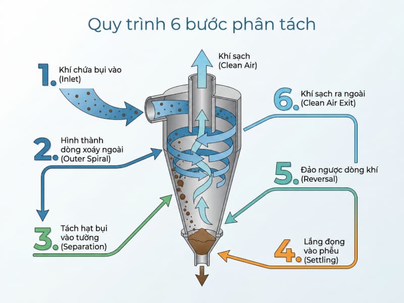 Nguyên lý hoạt động của Cyclone và cơ chế tách bụi ly tâm 5 Quy trình 6 bước phân tách bụi và đảo chiều dòng khí bên trong thiết bị Cyclone.