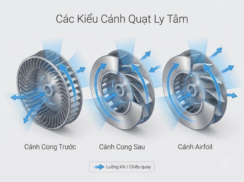 Cách chọn đúng dòng quạt ly tâm Kruger cho từng hệ thống 2026 2 Sơ đồ 3 dạng cánh quạt ly tâm Kruger phổ biến, giúp tối ưu lựa chọn theo cột áp và hiệu suất.