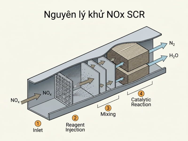 Hệ thống xử lý khí thải SCR khử NOx cách hệ thống hoạt động 2 Sơ đồ 4 bước khử NOx trong hệ SCR từ phun chất khử, hòa trộn đến phản ứng tạo N2 và hơi nước.