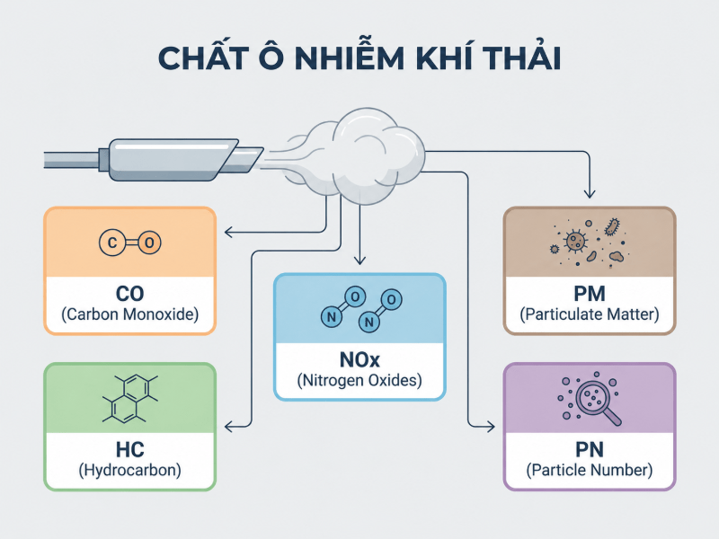 Các mức tiêu chuẩn khí thải Euro và lộ trình tại Việt Nam 2 Sơ đồ các chất ô nhiễm cốt lõi CO, NOx, PM và PN quy định trong tiêu chuẩn khí thải Euro.