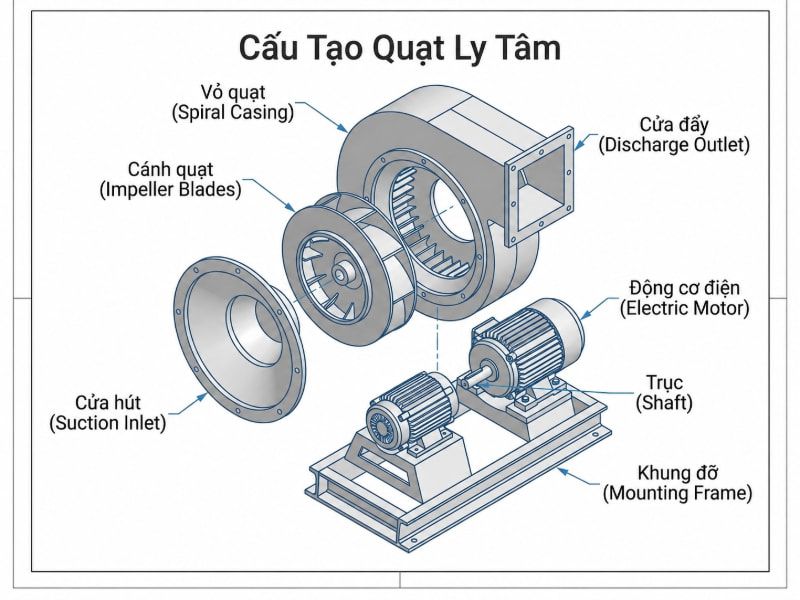 Sơ đồ cấu tạo chi tiết các bộ phận chính của quạt ly tâm thấp áp công nghiệp.