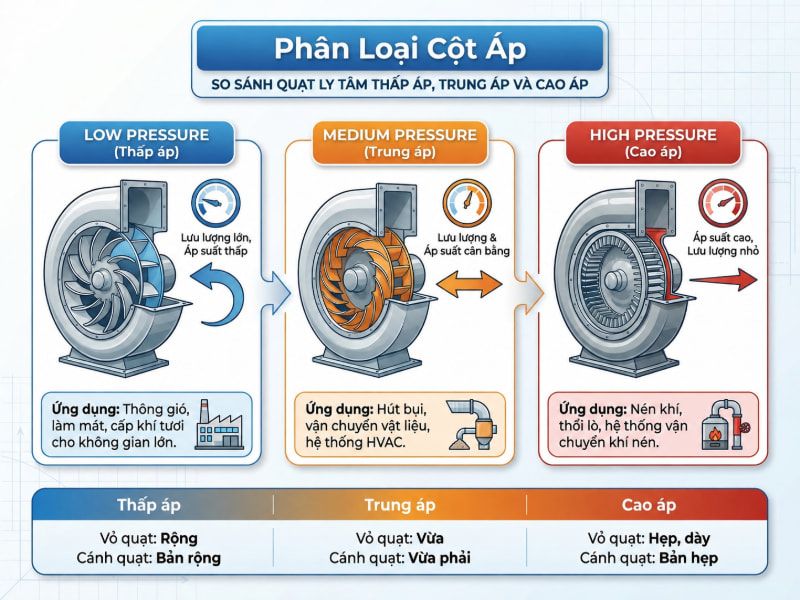 Sơ đồ phân biệt kích thước vỏ và đặc tính cột áp của ba dòng quạt ly tâm.