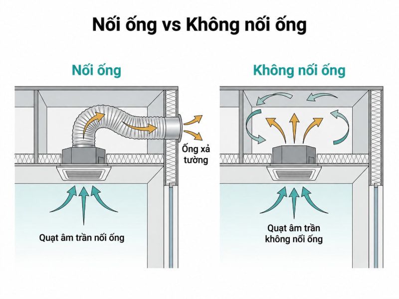 Kích thước quạt hút âm trần phổ biến và cách chọn chuẩn xác 5 So sánh đường đi không khí giữa quạt âm trần nối ống gió xả ngoài và quạt xả trực tiếp.