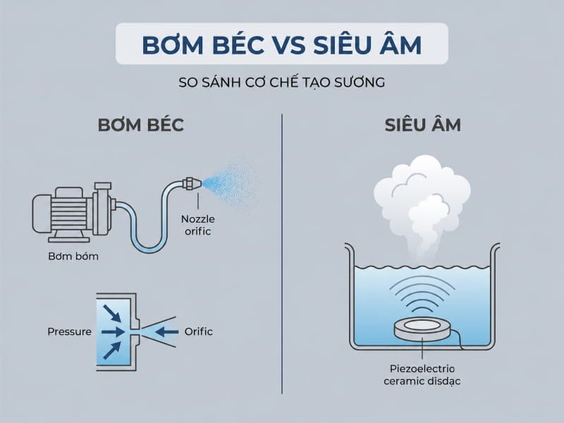 So sánh nguyên lý hoạt động của máy phun sương cơ học dùng béc và máy tạo ẩm siêu âm.