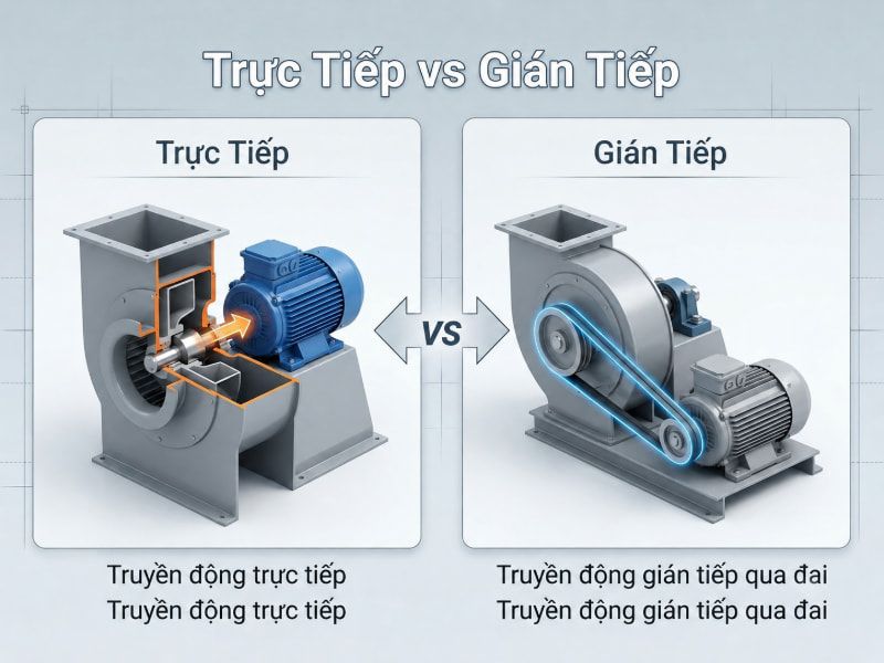 So sánh quạt ly tâm thấp áp truyền động trực tiếp và gián tiếp qua dây đai.