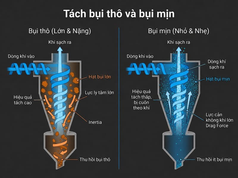 Nguyên lý hoạt động của Cyclone và cơ chế tách bụi ly tâm 6 So sánh quỹ đạo bụi thô dễ văng vào thành, trong khi bụi mịn bị cuốn theo dòng khí ra ngoài.