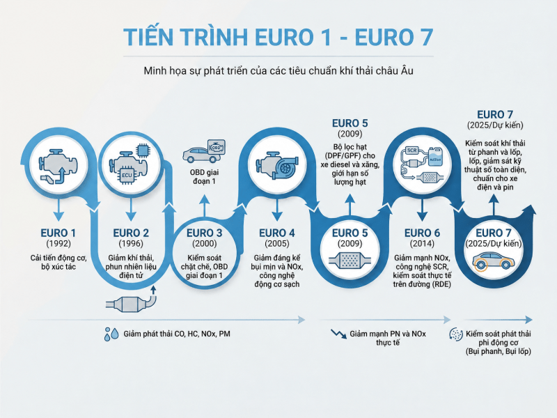 Các mức tiêu chuẩn khí thải Euro và lộ trình tại Việt Nam 3 Tiến trình siết chặt quy định phát thải qua các thế hệ Euro 1 đến Euro 7.