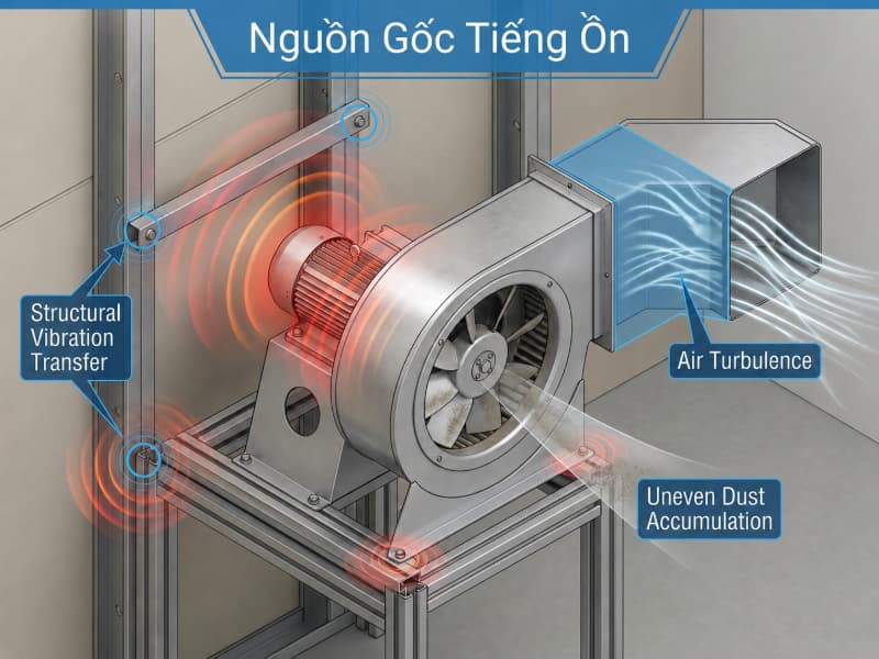 Cách chọn quạt hút công nghiệp không ồn chạy êm, khỏe 4 Tiếng ồn thường phát sinh do rung truyền kết cấu, cản gió đường ống hoặc lệch cánh quạt.