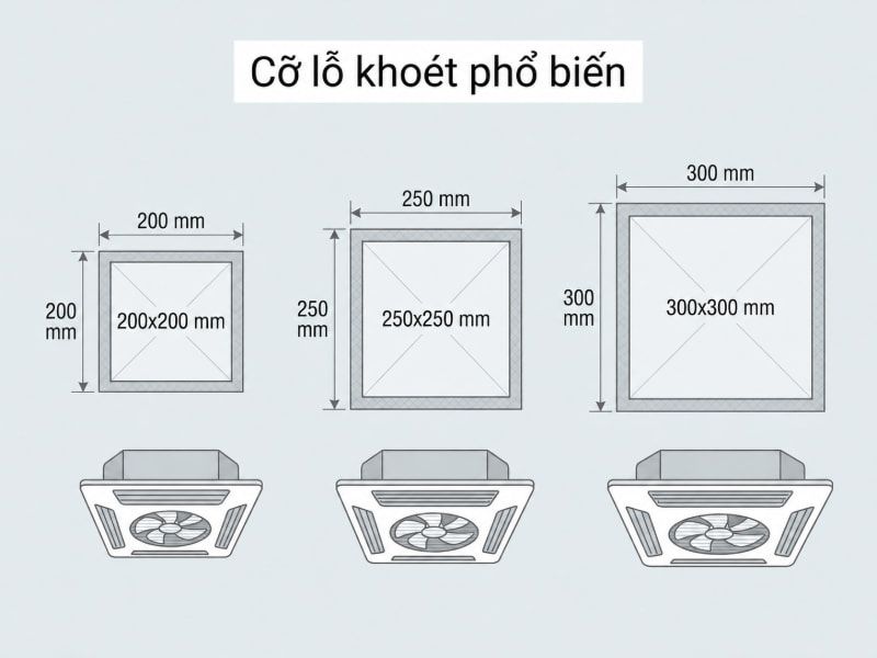 Kích thước quạt hút âm trần phổ biến và cách chọn chuẩn xác 2 Tổng hợp 3 nhóm kích thước lỗ khoét quạt hút âm trần phổ biến nhất trên thị trường.