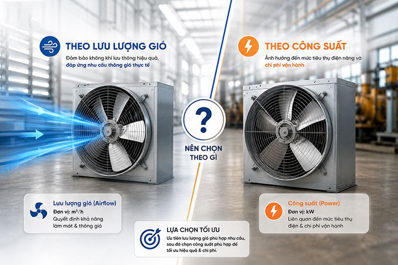 Chọn quạt công nghiệp theo lưu lượng gió hay công suất tùy theo nhu cầu sử dụng
