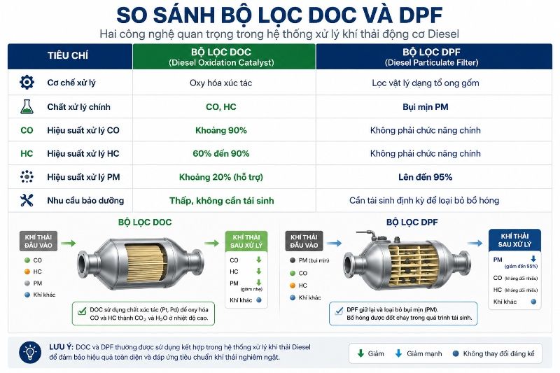 Bộ lọc DOC là gì? Nguyên lý xử lý khí thải diesel so với DPF 4 So sánh bộ lọc DOC và bộ lọc DPF