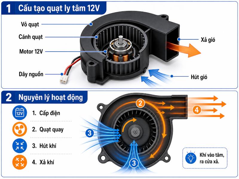 Cấu tạo và nguyên lý hoạt động của quạt ly tâm 12V.