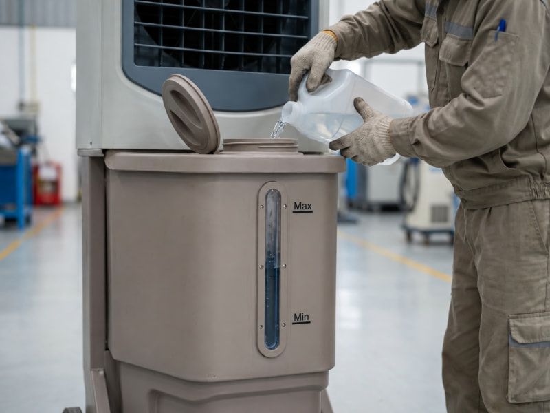 Châm nước đúng vạch mức quy định giúp bơm cấp ẩm ổn định và tránh tràn nước khi quạt vận hành.