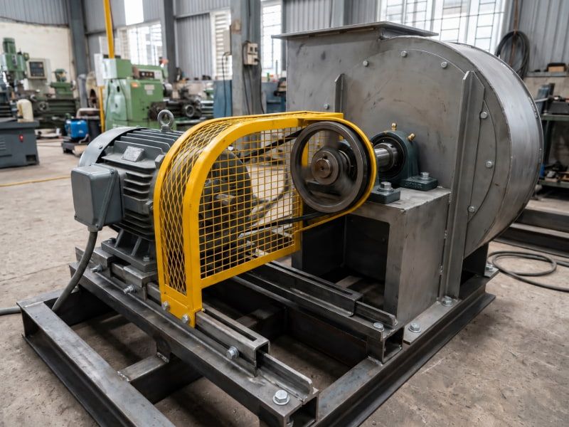 Cơ cấu truyền động gián tiếp qua dây đai giúp tách motor khỏi luồng khí nóng, bụi và dễ điều chỉnh tốc độ.