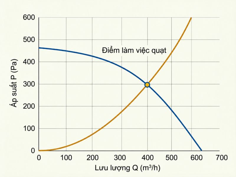 Điểm giao giữa đường đặc tính quạt và đường trở lực xác định lưu lượng cùng cột áp thực tế.