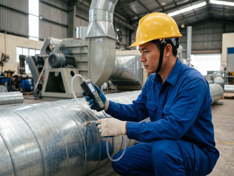 Kỹ thuật viên đo áp suất tĩnh trên đường ống để xác định chính xác thông số chọn quạt.