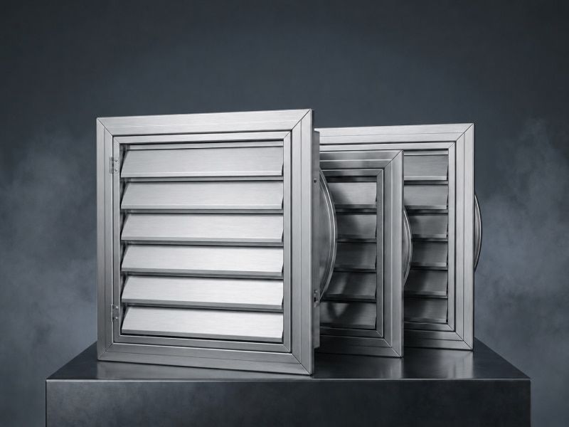 Quạt chớp gắn tường xả khí trực tiếp, tích hợp nan chắn sáng, chống mưa hắt và ngăn côn trùng.