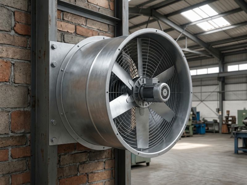 Quạt hướng trục lắp tường nhà xưởng giúp luân chuyển lượng khí lớn liên tục trong thực tế.