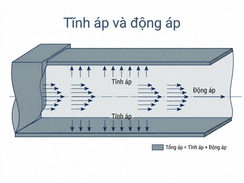 Sơ đồ mô tả tĩnh áp tác động lên thành ống và động áp dọc theo dòng chuyển động của khí.