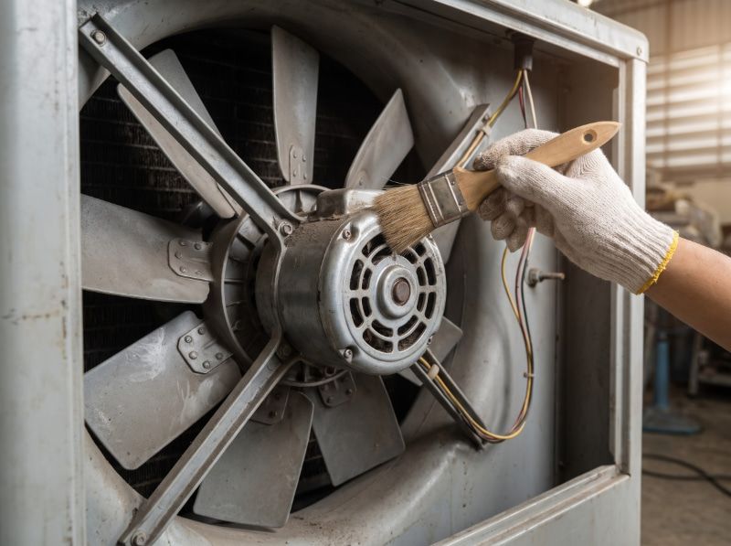 Vệ sinh khô khu vực motor và siết chặt các khớp nối cơ khí nếu quạt rung lắc sau lắp ráp.