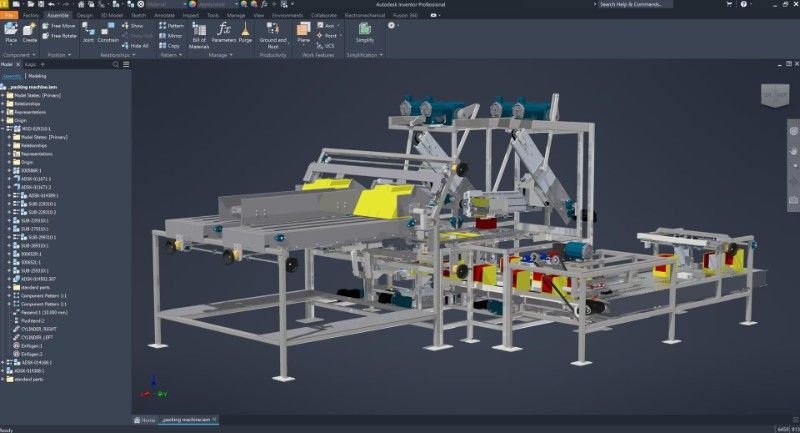 Giao diện Autodesk Inventor hiển thị mô hình 3D của hệ thống máy công nghiệp.