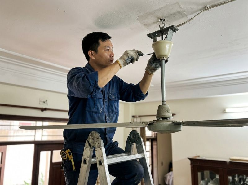 Kiểm tra kết cấu chịu lực và khoảng cách an toàn giúp quạt vận hành chắc chắn, tránh rung lắc.
