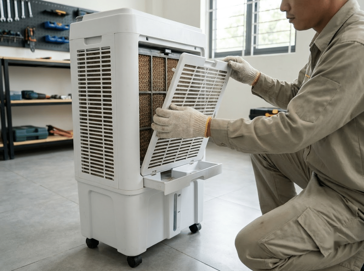Kiểm tra khay nước và chốt tháo tấm lọc giúp đánh giá độ tiện lợi khi vệ sinh máy định kỳ.