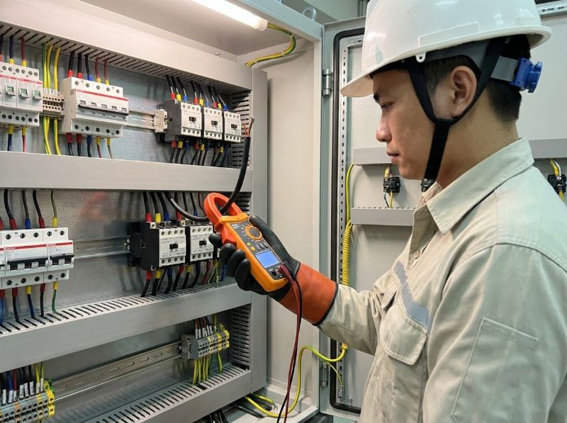 Cách nhận biết motor bao nhiêu ngựa khi còn hoặc mất tem 4 Kỹ thuật viên dùng ampe kìm đo dòng điện khi kiểm tra tủ điều khiển động cơ công nghiệp