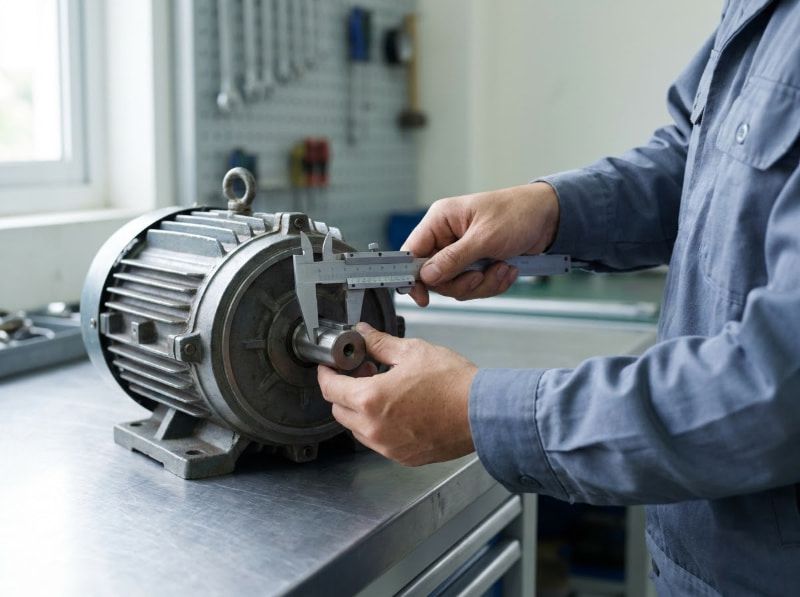 Cách nhận biết motor bao nhiêu ngựa khi còn hoặc mất tem 3 Kỹ thuật viên sử dụng thước cặp kiểm tra đường kính trục động cơ điện tại xưởng