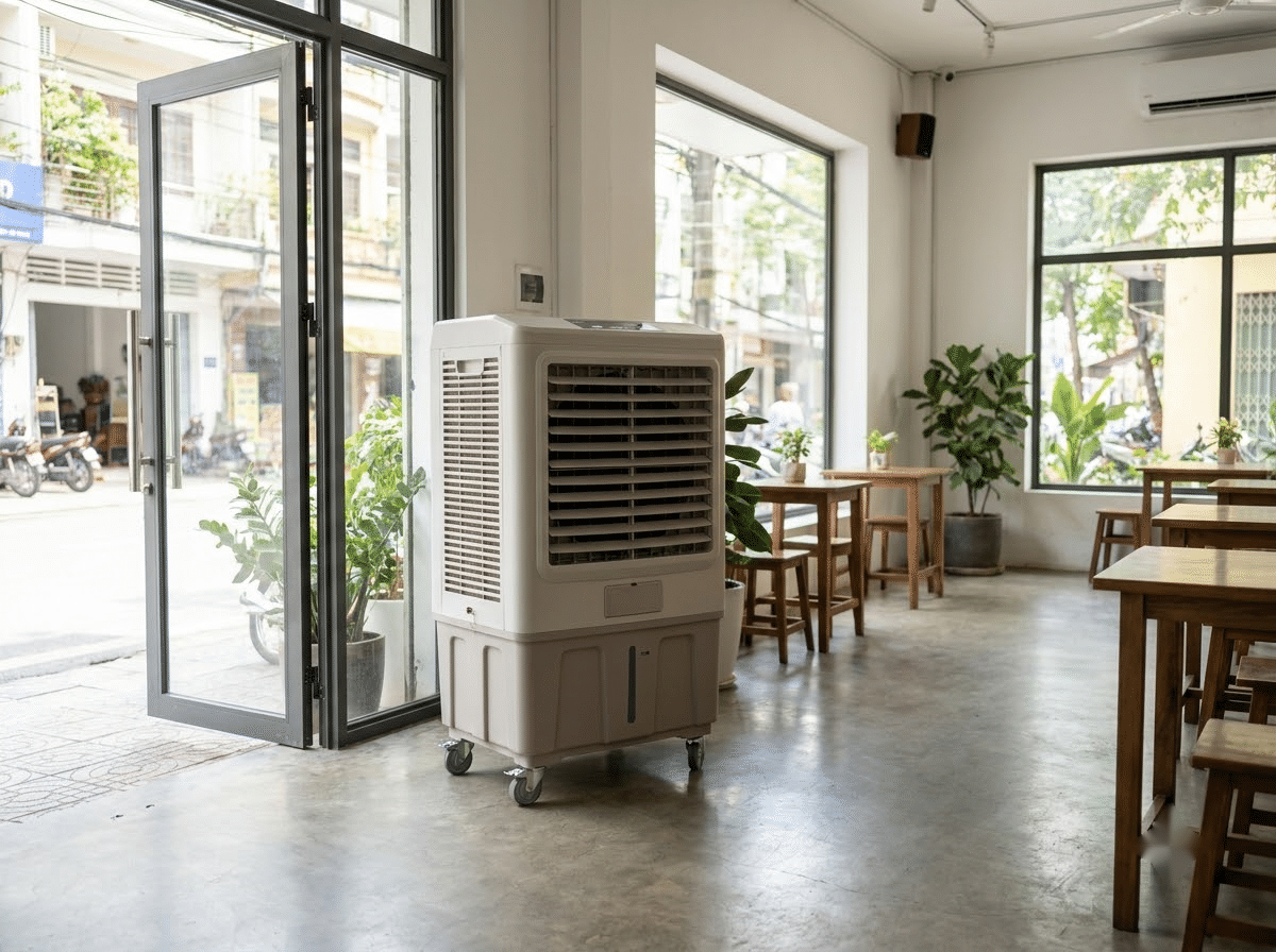 Máy làm mát phát huy hiệu quả tốt nhất trong không gian mở, có luồng khí tươi đối lưu liên tục.